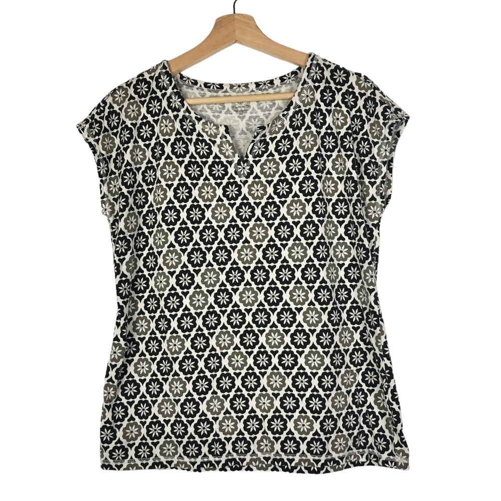 Talbots Black & Olive Green Floral Short Sleeve Top M